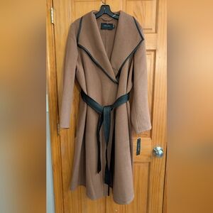 Brown Wool-Look Wrap Coat with Black Trim